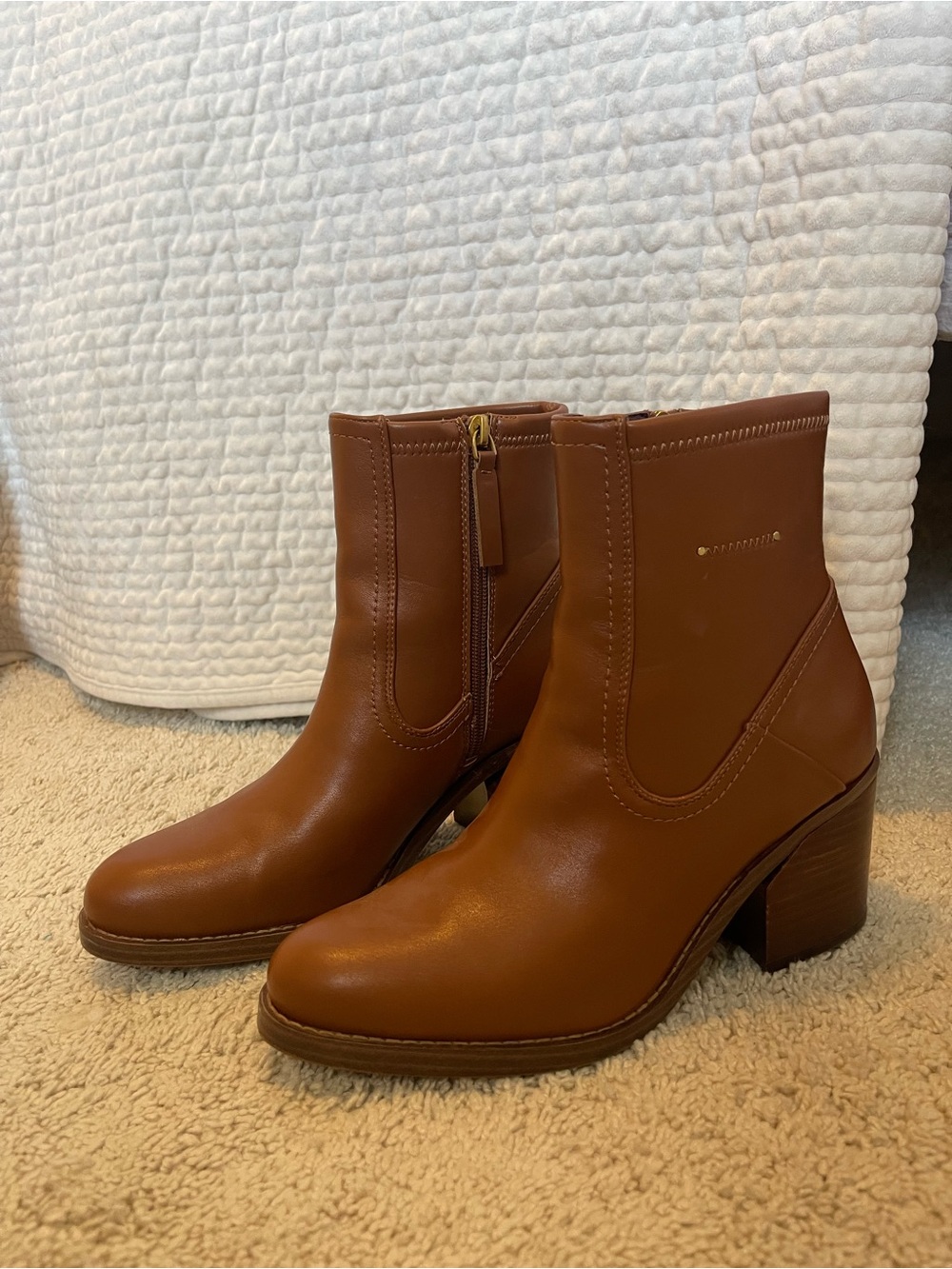 Franco Sarto Cognac Brown Leather Block Heel Ankle Boots